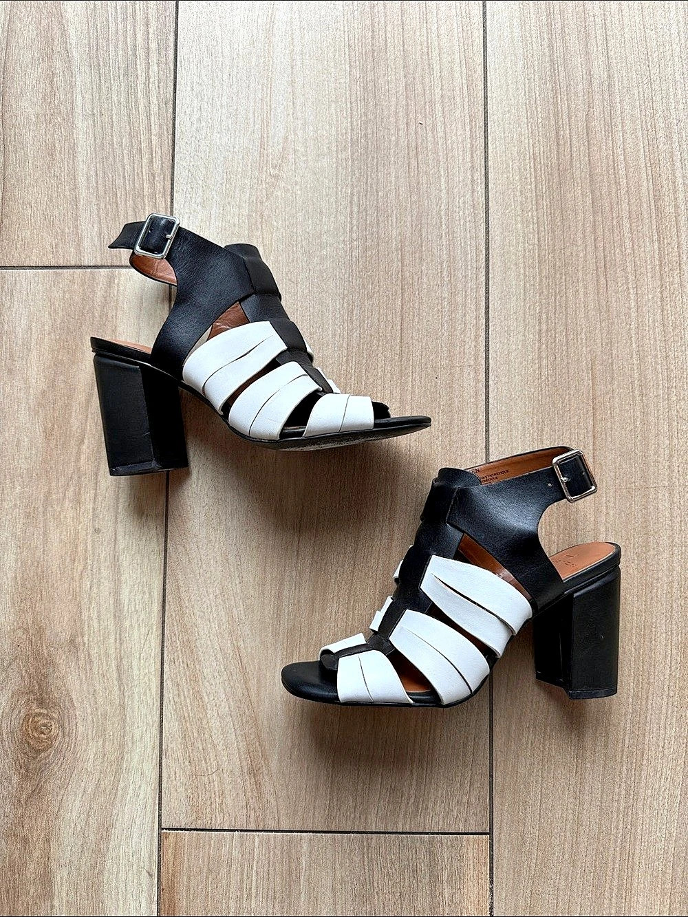 Halston Color Block Heel Black and White Ruby Caged Sandals Quiet Luxury Leather